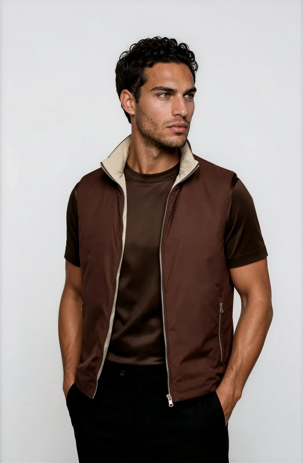 GILET RÉVERSIBLE — MOKA PROFOND / TAUPE SABLE