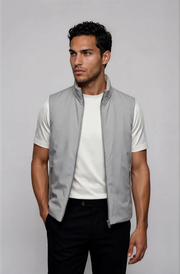 GILET RÉVERSIBLE — BLEU NUAGE / ÉCRU